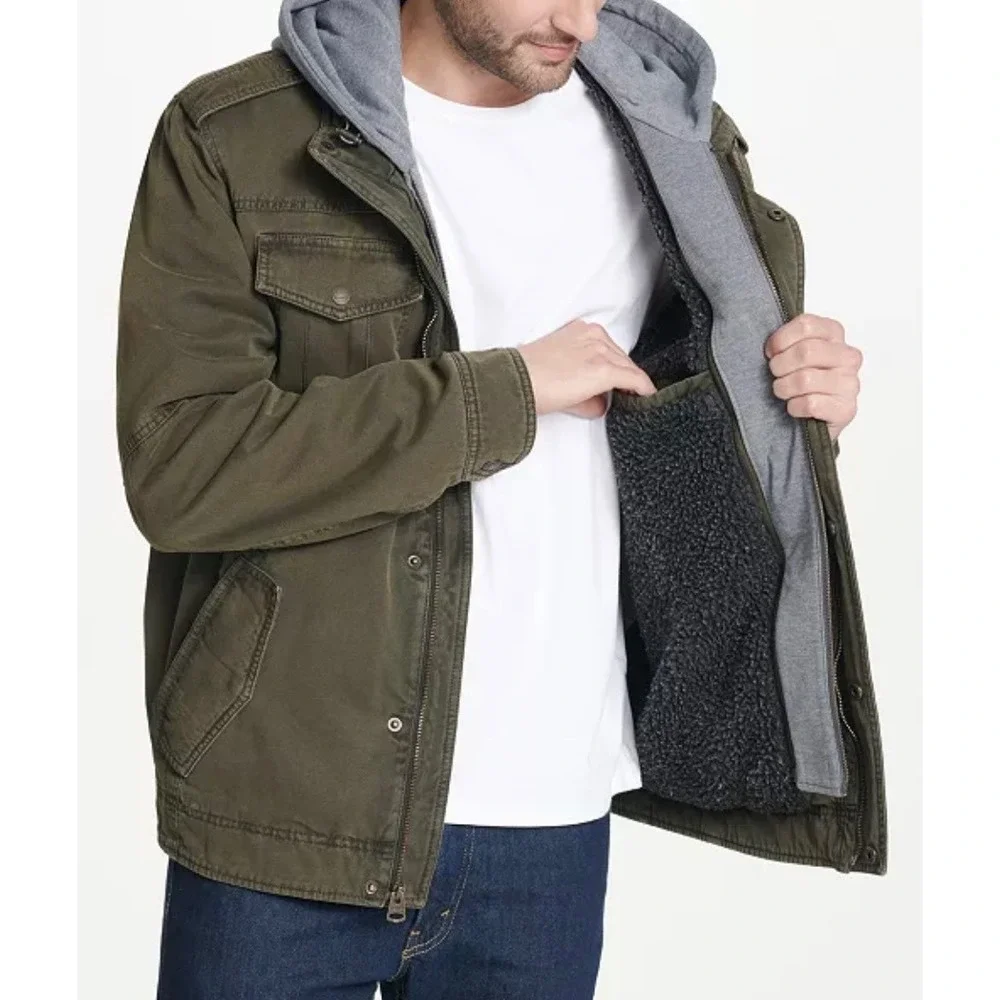 Levi's Mens Military Jacket Green‎ Olive Washed Cotton Sherpa Lined Hooded Small